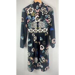 Red Valentino Floral Embroidered Dress Womens Sz 36 Tie Neck Long Sleeve Pansies